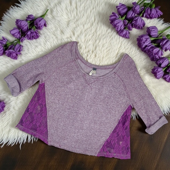 We The Free Tops - We The Free Mauve Lace Accent Raw Hem 3/4 Sleeve Oversized Pullover Top Medium